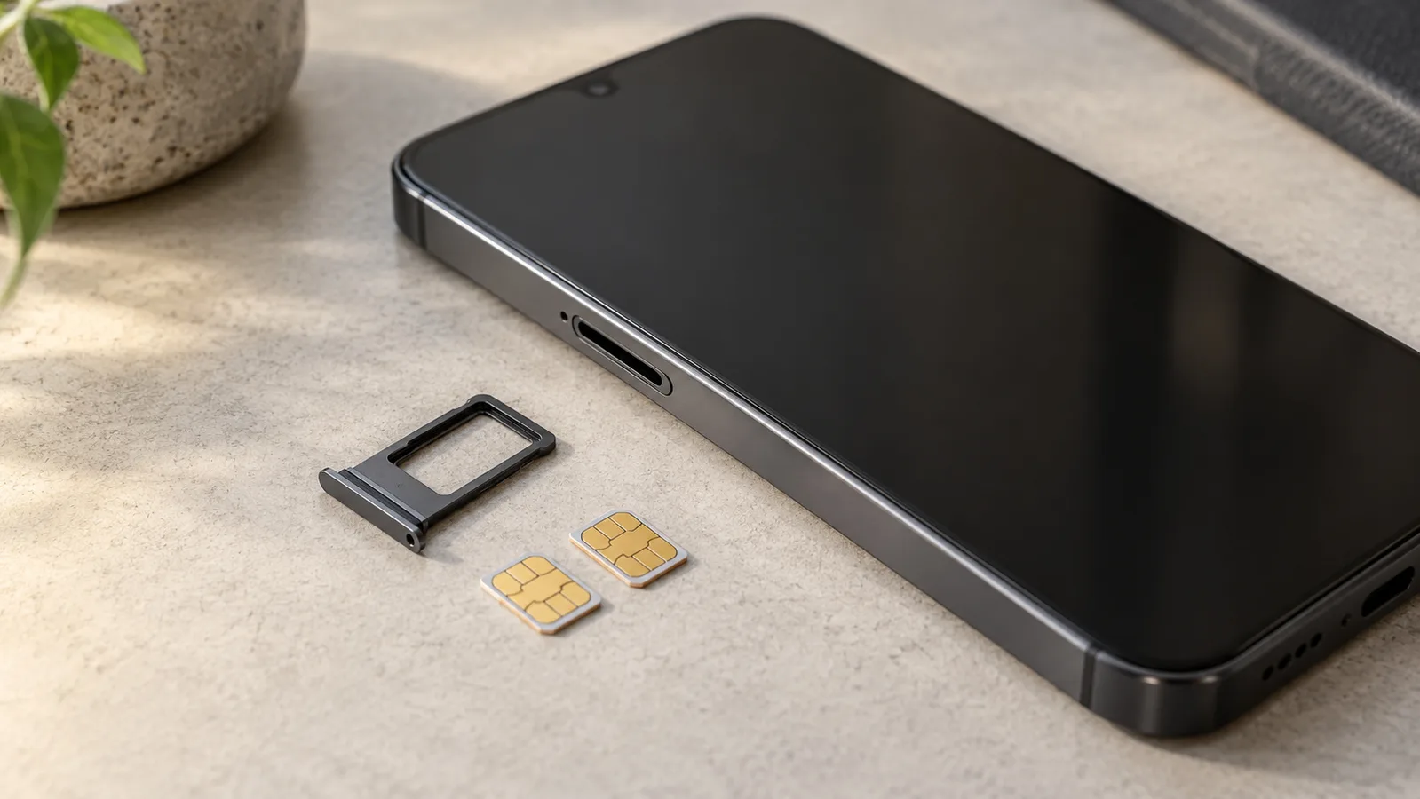 物理カードのサポートを示す、別個の SIM トレイと 2 枚の SIM カードの横にあるノーブランドのスマートフォン